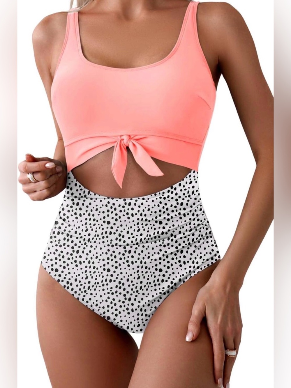 0094: Tie-Front Coral One-Piece Swimsuit with High-Waist Polka Dot Bottoms